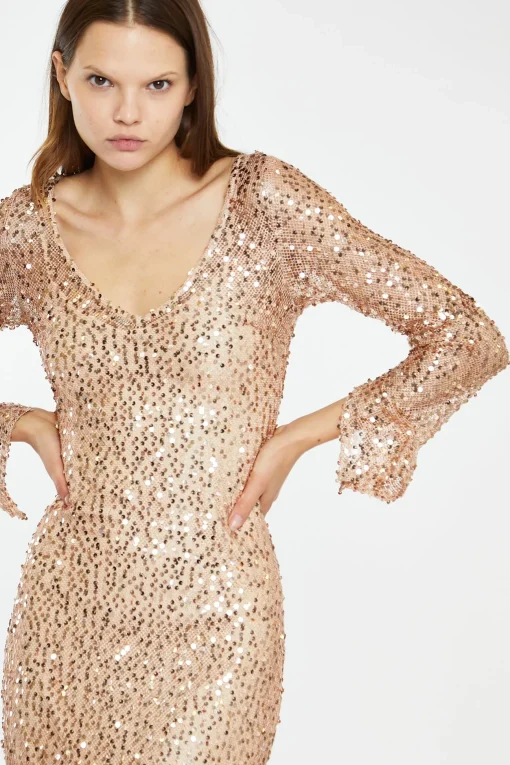 Glamorous Best Dressed Guest|Go To Partywear|Rose-Gold Sequin Mesh V-Neck Maxi-Dress -