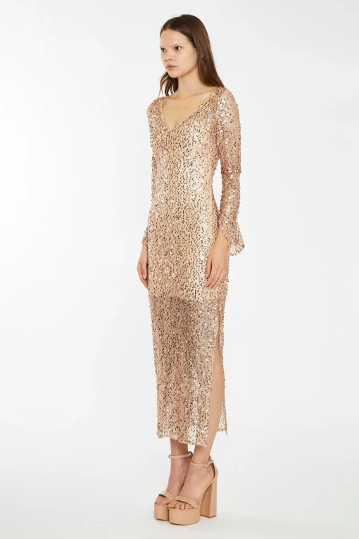 Glamorous Best Dressed Guest|Go To Partywear|Rose-Gold Sequin Mesh V-Neck Maxi-Dress -