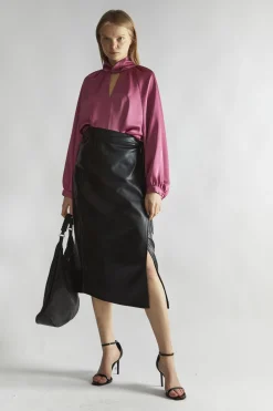 Glamorous Blouses & Shirts|Rose-Pink Satin Twist-Collar Blouse -