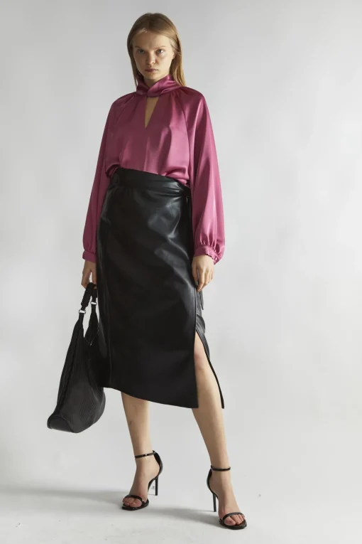 Glamorous Blouses & Shirts|Rose-Pink Satin Twist-Collar Blouse -