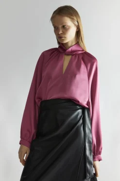 Glamorous Blouses & Shirts|Rose-Pink Satin Twist-Collar Blouse -