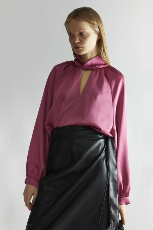 Glamorous Blouses & Shirts|Rose-Pink Satin Twist-Collar Blouse -