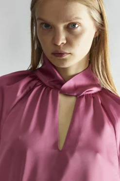 Glamorous Blouses & Shirts|Rose-Pink Satin Twist-Collar Blouse -