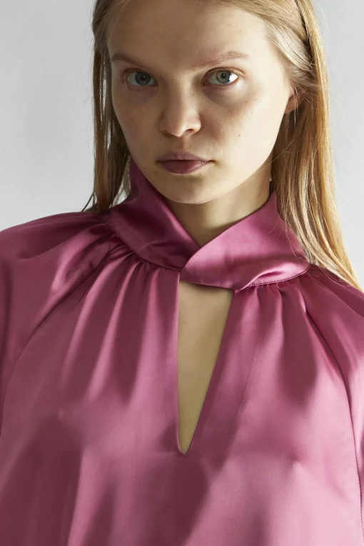 Glamorous Blouses & Shirts|Rose-Pink Satin Twist-Collar Blouse -