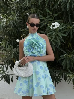 Glamorous Dresses|Chic Escapes|Rosie Corsage Skater Mini-Dress -Mint-Blue Floral -
