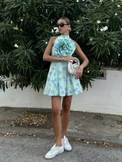 Glamorous Dresses|Chic Escapes|Rosie Corsage Skater Mini-Dress -Mint-Blue Floral -