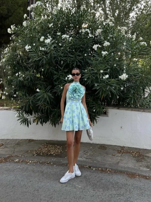 Glamorous Dresses|Chic Escapes|Rosie Corsage Skater Mini-Dress -Mint-Blue Floral -