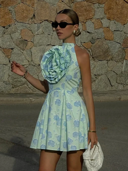 Glamorous Dresses|Chic Escapes|Rosie Corsage Skater Mini-Dress -Mint-Blue Floral -