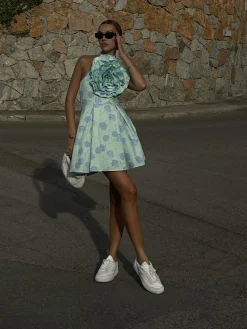 Glamorous Dresses|Chic Escapes|Rosie Corsage Skater Mini-Dress -Mint-Blue Floral -