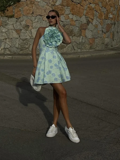 Glamorous Dresses|Chic Escapes|Rosie Corsage Skater Mini-Dress -Mint-Blue Floral -