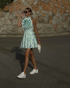 Glamorous Dresses|Chic Escapes|Rosie Corsage Skater Mini-Dress -Mint-Blue Floral -