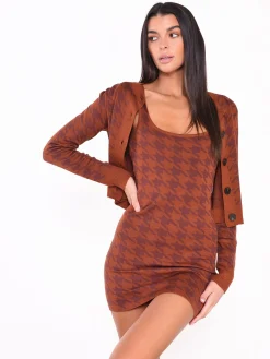 Glamorous Cardigans|Rust Houndstooth Print Cardigan -