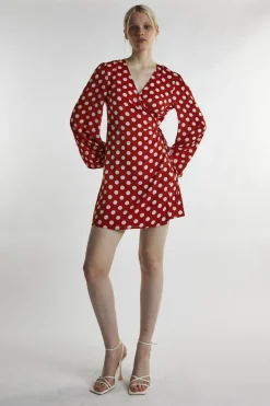 Glamorous Mini Dresses|Mini Dresses|Rust White Polka Wrap Mini-Dress -