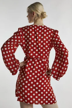 Glamorous Mini Dresses|Mini Dresses|Rust White Polka Wrap Mini-Dress -