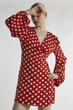 Glamorous Mini Dresses|Mini Dresses|Rust White Polka Wrap Mini-Dress -