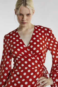 Glamorous Mini Dresses|Mini Dresses|Rust White Polka Wrap Mini-Dress -