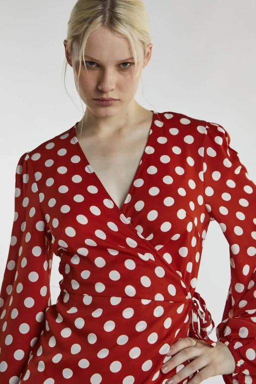 Glamorous Mini Dresses|Mini Dresses|Rust White Polka Wrap Mini-Dress -