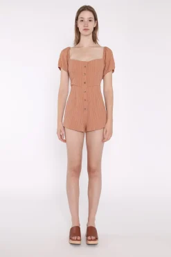 Glamorous Playsuits|Rust-Crinkle Square-Neck Button Down-Playsuit -