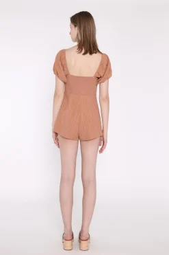 Glamorous Playsuits|Rust-Crinkle Square-Neck Button Down-Playsuit -