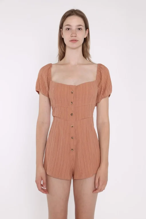 Glamorous Playsuits|Rust-Crinkle Square-Neck Button Down-Playsuit -
