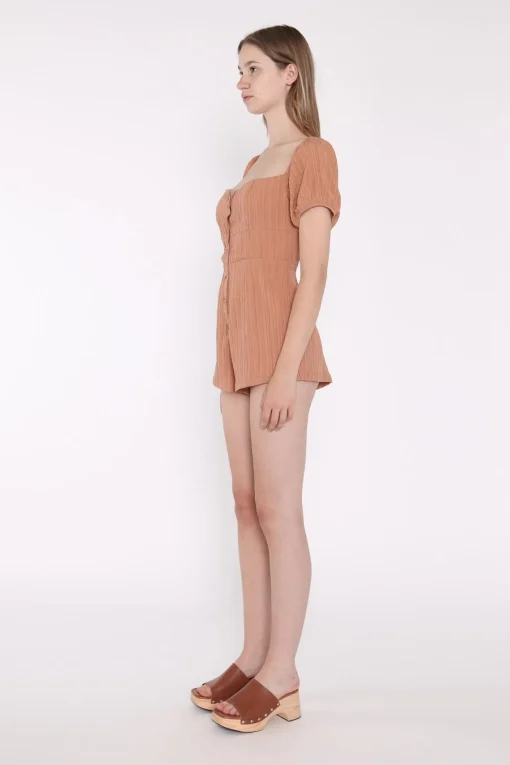 Glamorous Playsuits|Rust-Crinkle Square-Neck Button Down-Playsuit -