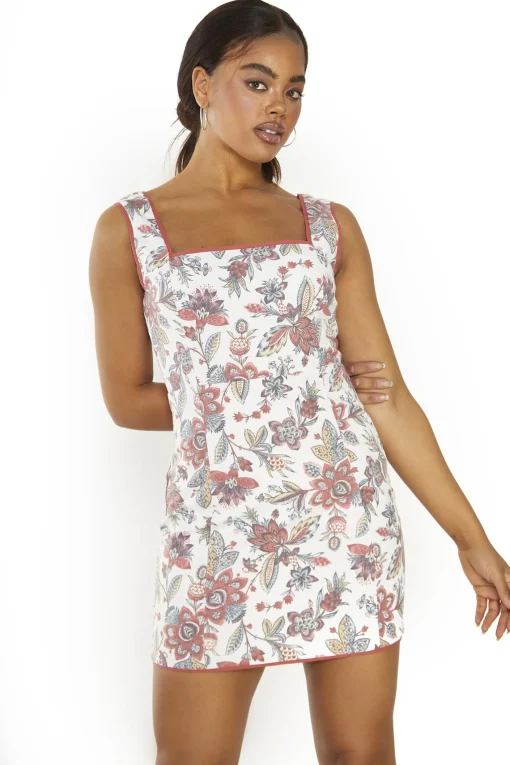 Glamorous Mini Dresses|Mini Dresses|Rustic Floral Rib Square Neck Mini-Dress -