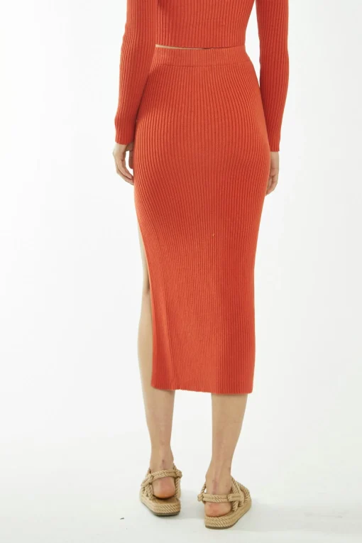 Glamorous Glamorous Care: Our Sustainable Collection|Co-ords|Rust-Orange Side Split Knitted Midi-Skirt -