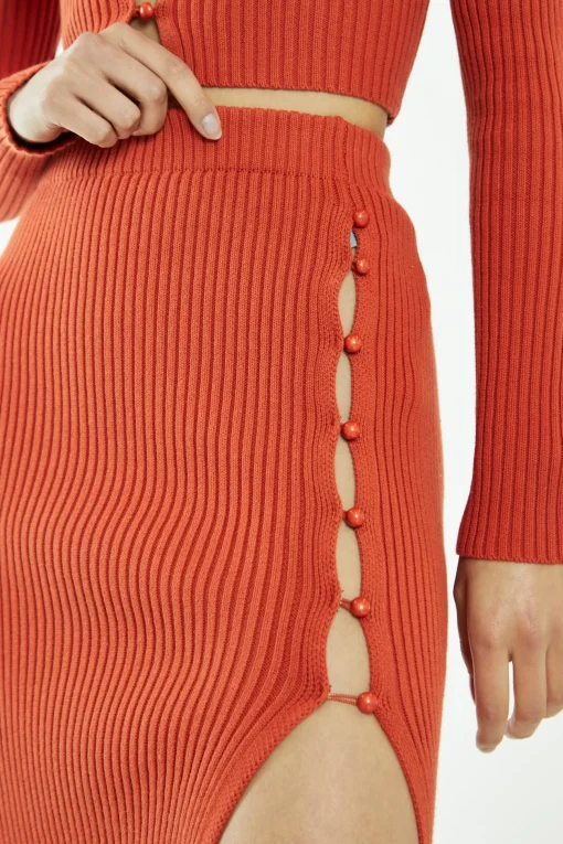 Glamorous Glamorous Care: Our Sustainable Collection|Co-ords|Rust-Orange Side Split Knitted Midi-Skirt -
