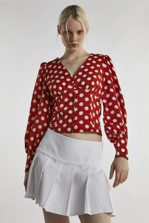 Glamorous Blouses & Shirts|Rusty White Polka Long Sleeve-Top -