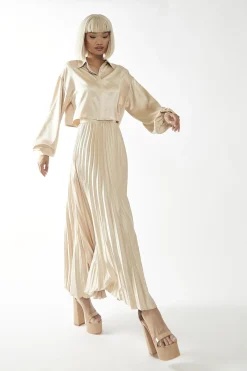 Glamorous Maxi Skirts|Sand Sateen High-Waist Pleated Maxi-Skirt -