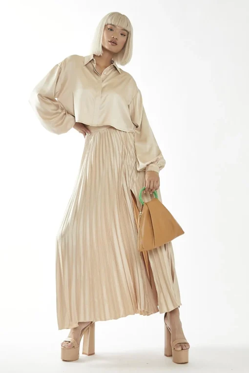 Glamorous Maxi Skirts|Sand Sateen High-Waist Pleated Maxi-Skirt -