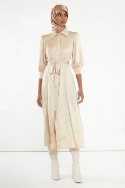 Glamorous Go To Partywear|Satin Dresses|Sand Satin Midaxi Shirt Dress -