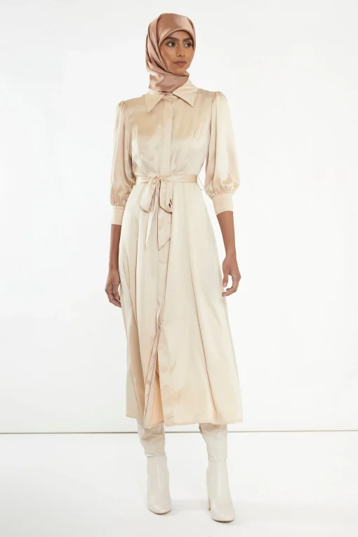 Glamorous Go To Partywear|Satin Dresses|Sand Satin Midaxi Shirt Dress -