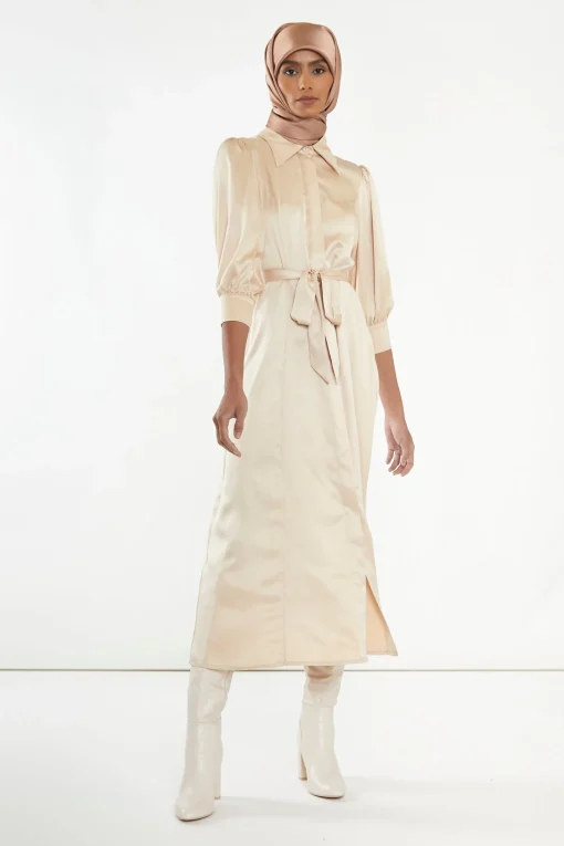 Glamorous Go To Partywear|Satin Dresses|Sand Satin Midaxi Shirt Dress -