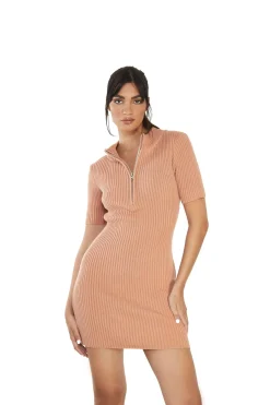 Glamorous Mini Dresses|Mini Dresses|Sandstone 3/4-Zip-Ribbed Mini-Dress -