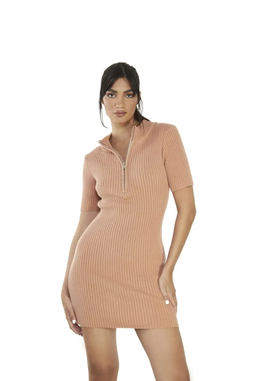 Glamorous Mini Dresses|Mini Dresses|Sandstone 3/4-Zip-Ribbed Mini-Dress -
