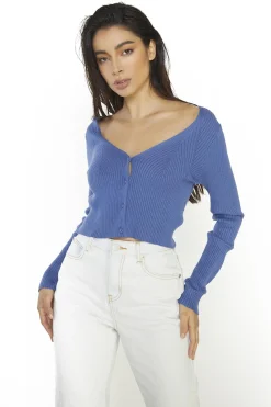 Glamorous Cardigans|Sapphire-Blue Ribbed-Long-Sleeve Crop-Cardigan -