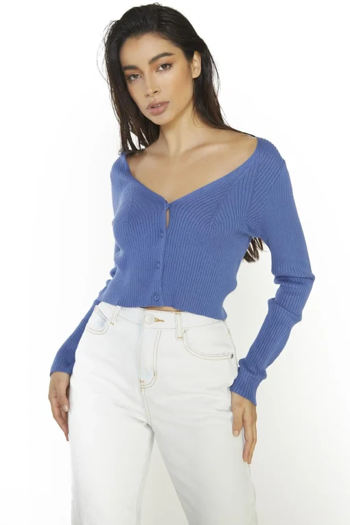 Glamorous Cardigans|Sapphire-Blue Ribbed-Long-Sleeve Crop-Cardigan -