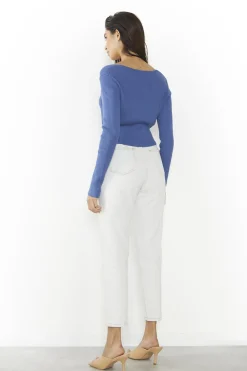 Glamorous Cardigans|Sapphire-Blue Ribbed-Long-Sleeve Crop-Cardigan -