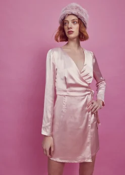 Glamorous Satin Dresses|Mini Dresses|Sarah Wrap Mini Dress -Pale-Pink Satin -