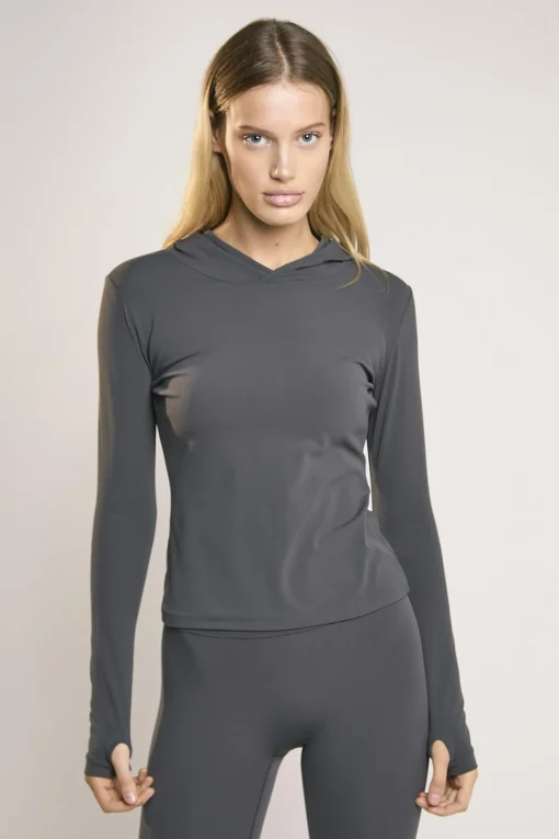 Glamorous Tops|Signature Graphite-Grey Hooded Top -
