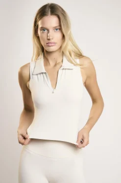 Glamorous Tops|Signature Off-White Collared-Sleeveless Crop-Top -