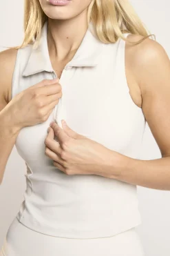 Glamorous Tops|Signature Off-White Collared-Sleeveless Crop-Top -
