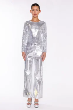 Glamorous Going Out Tops|Flat Shoes|Silver Flat-Sequin Bodysuit -