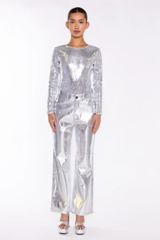 Glamorous Going Out Tops|Flat Shoes|Silver Flat-Sequin Bodysuit -
