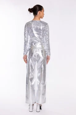 Glamorous Going Out Tops|Flat Shoes|Silver Flat-Sequin Bodysuit -