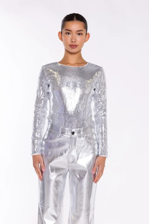 Glamorous Going Out Tops|Flat Shoes|Silver Flat-Sequin Bodysuit -