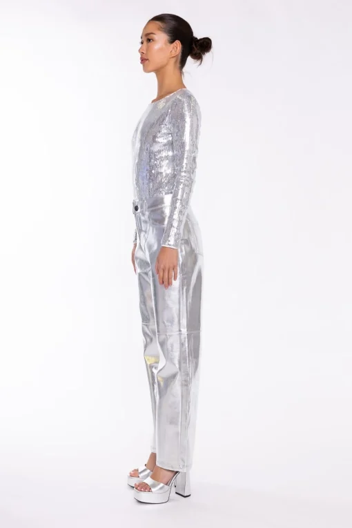 Glamorous Going Out Tops|Flat Shoes|Silver Flat-Sequin Bodysuit -