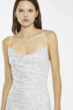 Glamorous Day Dresses|Sequin Dresses|Silver Micro-Sequin Cowl-neck Mini-Dress -