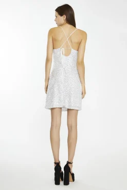 Glamorous Day Dresses|Sequin Dresses|Silver Micro-Sequin Cowl-neck Mini-Dress -